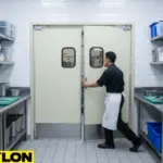Restaurant staff using PE-Series Swinging Kitchen Doors designed for smooth hands-free entry and exit