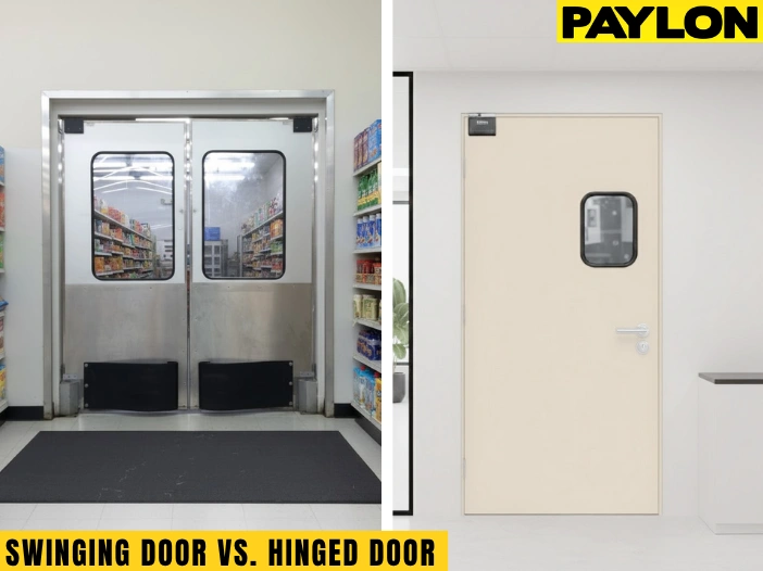 Side-by-side comparison of a commercial swinging door and a hinged door by Paylon, showing how each functions in different business environment Side-by-side comparison of a commercial swinging door and a hinged door by Paylon, showing how each functions in different business environments, swinging door in a supermarket aisle versus hinged door in an office