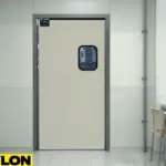 Single beige PE-Series Factory Break Room Door leading to an employee dining area inside an industrial facility