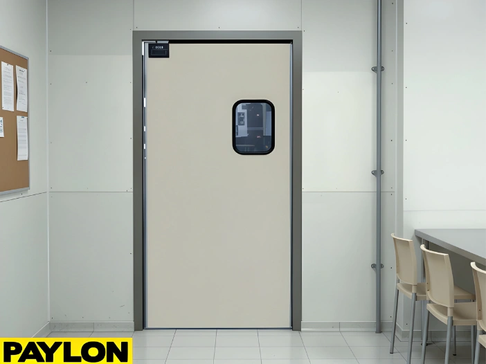 Single beige PE-Series Factory Break Room Doors leading to an employee dining area inside an industrial facility