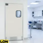 Single beige impact swinging door in a clean, modern lab environment