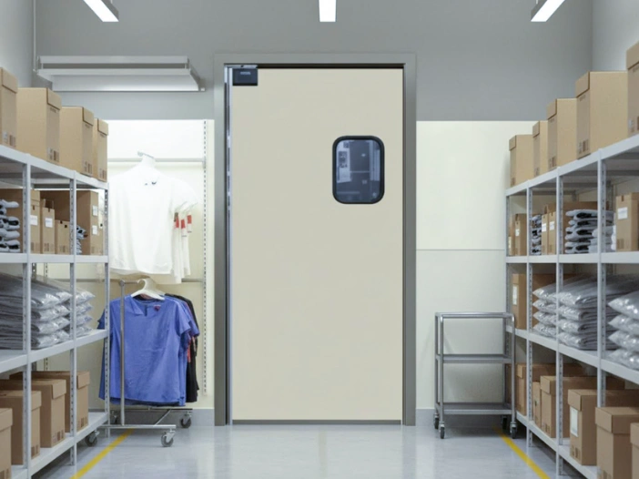 Single beige swinging door with vision panel in a retail stockroom entry