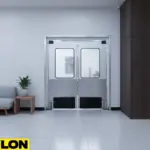 Single black swinging door for a lounge with vertical window panel for visibility and sleek minimalist design