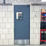 Single gray impact door with small window inside an auto repair shop, surrounded by tiled walls and shelving with parts