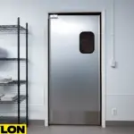 Single stainless steel kitchen door with rectangular vision window in a commercial restaurant setting.