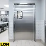 Single stainless steel restaurant kitchen door with rectangular vision window, ideal for hygiene control and temperature separation