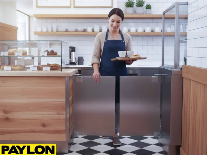 Small gray café doors with staff passing through while serving drinks in a café settingS Small gray café doors with staff passing through while serving drinks in a café setting