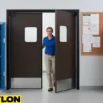 Staff member using commercial swinging doors in an office breakroom illustrating how to choose the right door for your backroom, breakroom, or prep area