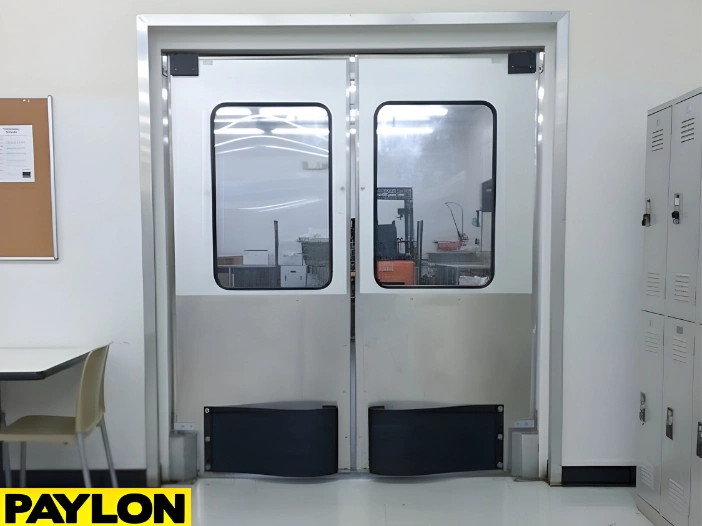 Stainless-steel PE-Series Factory Break Room Door with clear vision panels for safe two-way visibility