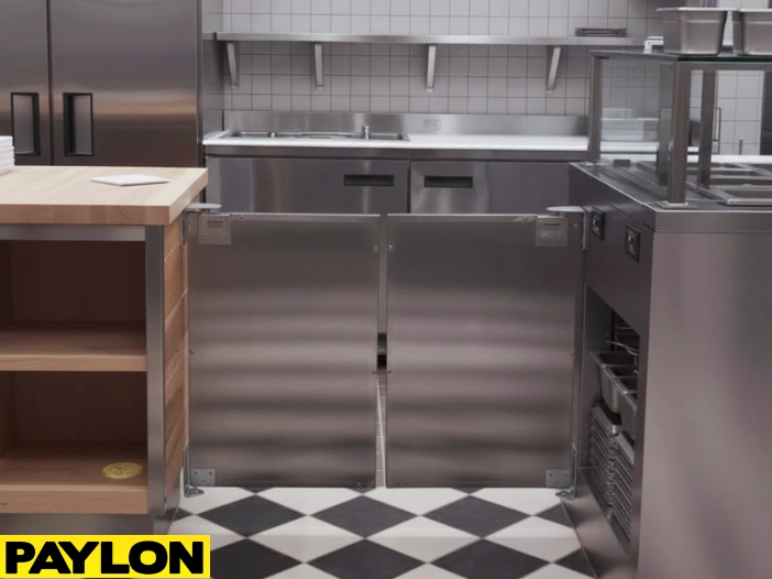 Stainless steel café doors installed in a modern restaurant with table seating and minimal décor Stainless steel café doors installed in a modern restaurant with table seating and minimal décor