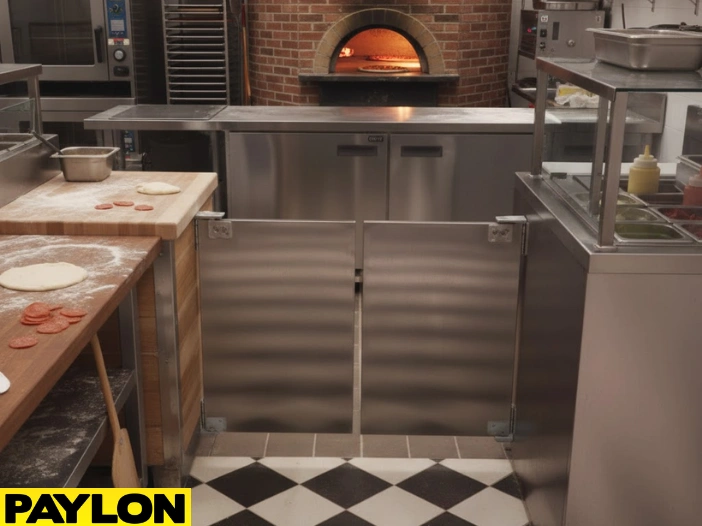 Stainless steel café-style pizza parlor swinging doors leading to a prep area with brick oven in the background Stainless steel café-style pizza parlor swinging doors leading to a prep area with brick oven in the background.