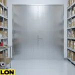 Stainless steel commercial swinging doors installed in a clean food storage facility with organized shelves and packaging boxes