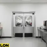 Stainless steel double swinging doors by Paylon installed in a commercial cafeteria kitchen, featuring kick plates and clear vision panels for safe traffic flow