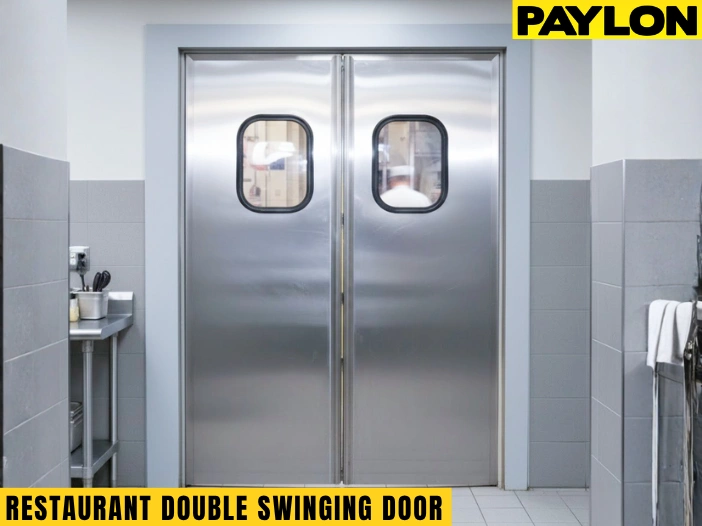 Stainless steel double swinging doors with vision panels in a restaurant kitchen, highlighting durable design for busy food prep zones