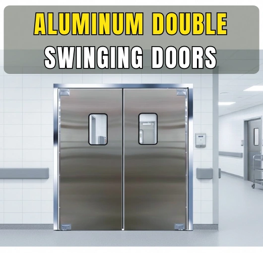 Stainless steel finish aluminum double swinging doors installed in a sterile hospital corridor