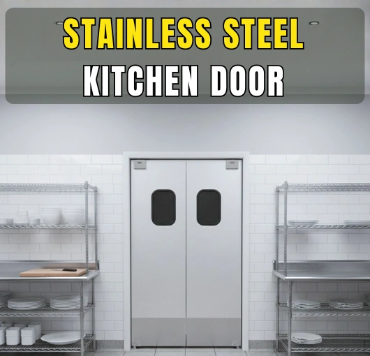 Stainless steel kitchen door installed in a commercial kitchen with clean tile walls and metal shelving on both sides.