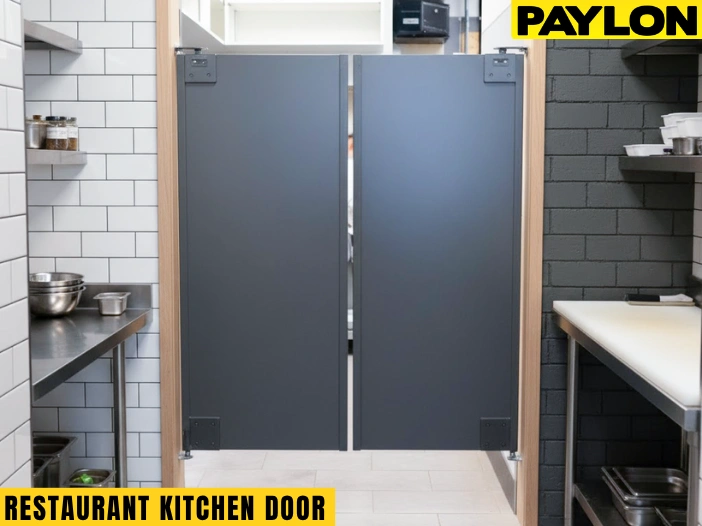 Stainless steel restaurant swinging doors in a professional commercial kitchen Stainless steel restaurant swinging doors in a professional commercial kitchen