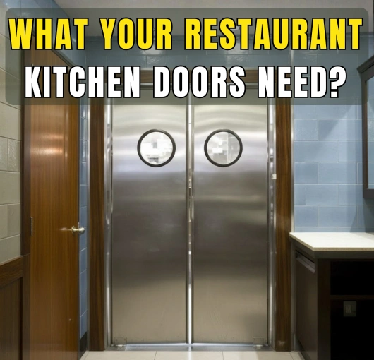 Stainless steel restaurant swinging doors with round vision panels inside a kitchen hallway, illustrating what restaurant kitchen doors need