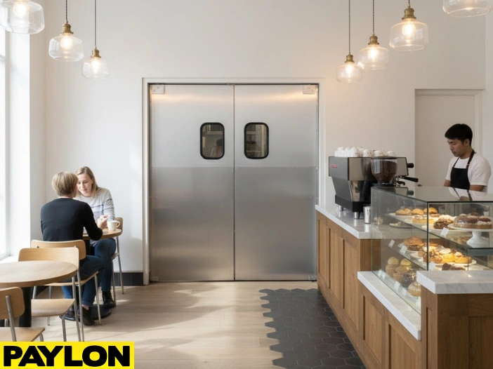 Stainless steel swinging doors in a modern café separating kitchen and dining area