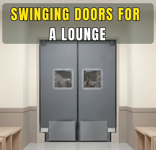 Swinging doors for a lounge with modern design, durable panels, and clear vision windows separating seating areas