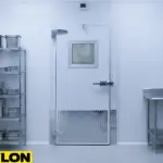 Swinging freezer door with vision panel and kick plate in a clean cold storage room