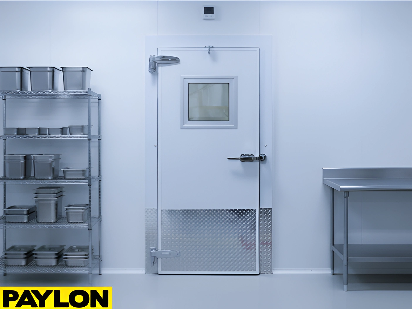 Swinging freezer door with vision panel and kick plate in a clean cold storage room