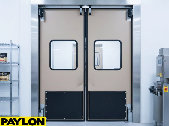 Tan double-swing warehouse impact door with large vision panels and kick protection in a production facility Tan double-swing warehouse impact door with large vision panels and kick protection in a production facility