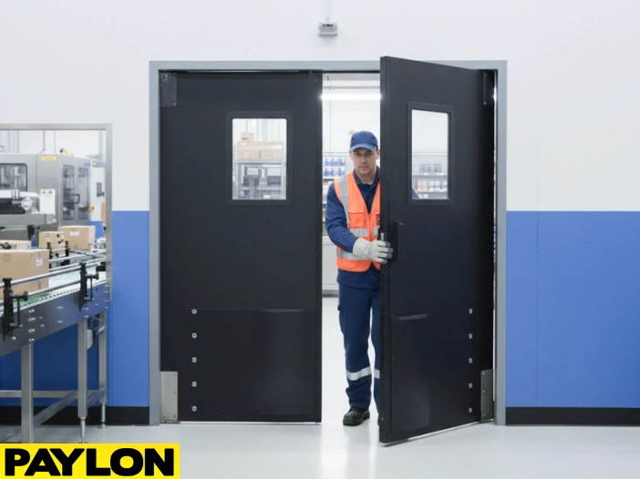 Technician walking through black double swinging factory doors in a blue-and-white assembly facility Technician walking through black double swinging factory doors in a blue-and-white assembly facility
