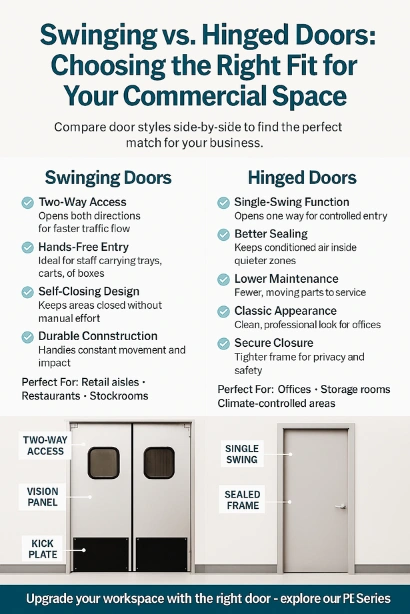 Traffic Swinging Doors infographic comparing Swinging vs. Hinged Doors Which is Better for Your Commercial Space, showing key features, ideal use cases, and labeled visuals Traffic Swinging Doors infographic comparing Swinging vs. Hinged Doors Which is Better for Your Commercial Space, showing key features, ideal use cases, and labeled visuals