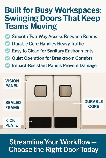 Traffic Swinging Doors infographic showing How to Choose the Right Door for Your Backroom, Breakroom, or Prep Area, with labeled features including vision panel, sealed frame, durable core, and kick plate