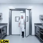 White commercial food swinging doors in a restaurant prep kitchen with stainless steel surfaces