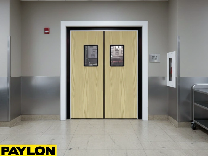 Woodgrain Banquet Hall Swinging Door – Light woodgrain Banquet Hall Swinging Door with clear vision panels in a banquet hall back corridor Woodgrain Banquet Hall Swinging Door – Light woodgrain Banquet Hall Swinging Door with clear vision panels in a banquet hall back corridor