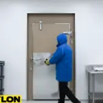 Worker entering a walk-in freezer through an insulated cold storage door with diamond plate kick protection.