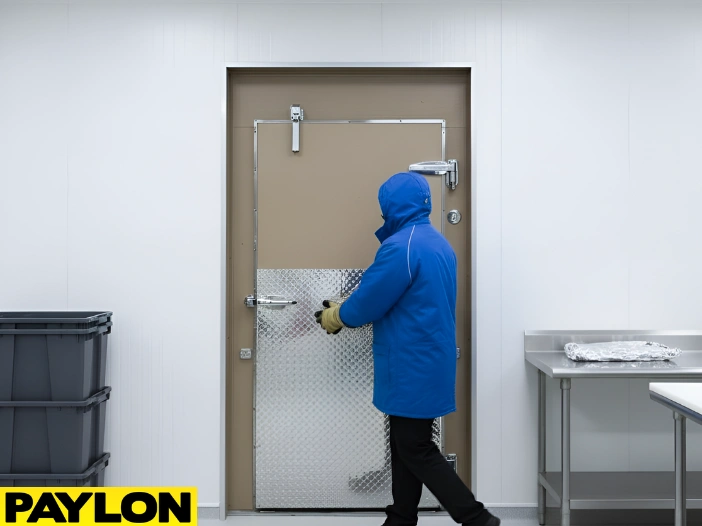 Worker entering a walk-in freezer through an insulated cold storage door with diamond plate kick protection.