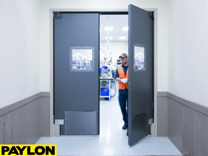 Worker entering through gray double swinging factory doors with vision panels in an industrial production area Worker entering through gray double swinging factory doors with vision panels in an industrial production area