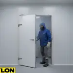 Worker exiting a frosty walk-in freezer through an insulated cold room door in a controlled-temperature environment.