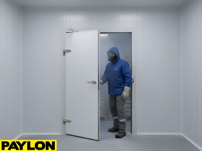 Worker exiting a frosty walk-in freezer through an insulated cold room door in a controlled-temperature environment.