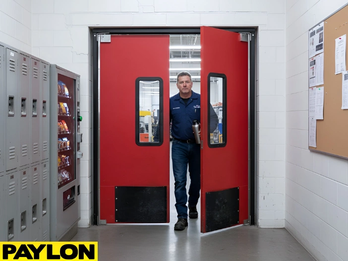 Worker exiting through red PE-Series Factory Break Room Doors separating production and staff area