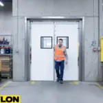 Worker exiting through white PVC swinging doors at a warehouse loading docks Worker exiting through white PVC swinging doors at a warehouse loading dock