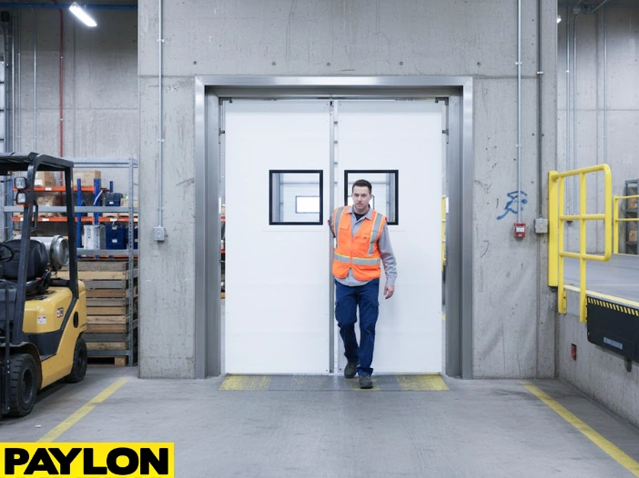 Worker exiting through white PVC swinging doors at a warehouse loading docks Worker exiting through white PVC swinging doors at a warehouse loading dock