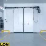 Worker opening a large insulated swinging freezer door in a cold storage facility