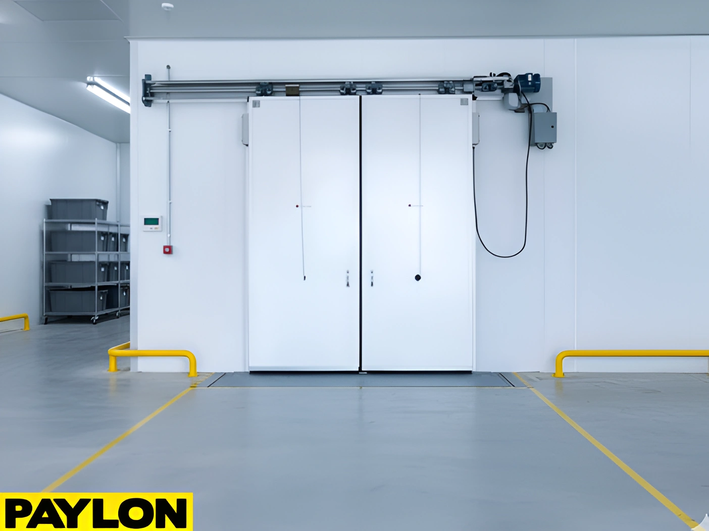 Worker opening a large insulated swinging freezer door in a cold storage facility
