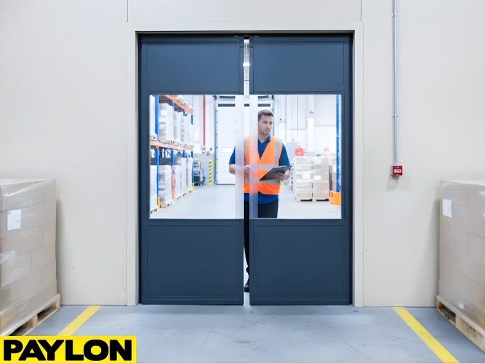 Worker passing through commercial PVC swinging doors at a loading dock facility Worker passing through commercial PVC swinging doors at a loading dock facility