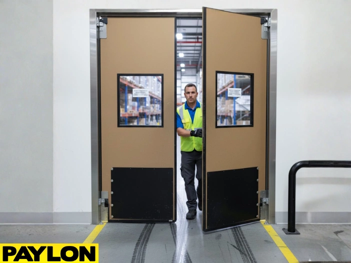 Worker passing through tan double-swing warehouse impact door with reinforced lower panels Worker passing through tan double-swing warehouse impact door with reinforced lower panels