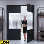 Black Impact Swinging Door with frosted panels in retail stockroom for smooth, quiet operation