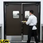 Brown PE-620ALC restaurant kitchen swinging doors with chef carrying plates through durable, sanitary double doors for food service efficiency