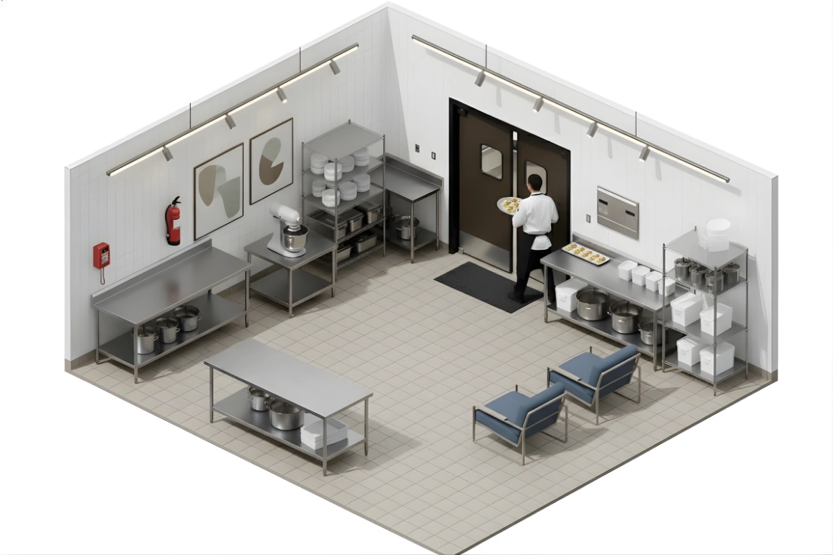 Chef carrying food through a PE-Series commercial swinging door inside a clean, stainless steel kitchen workspace