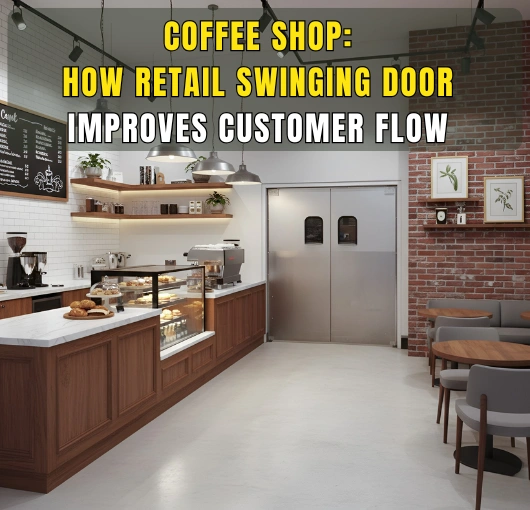 Coffee shop interior with retail swinging door labeled How Retail Swinging Door Improves Customer Flow