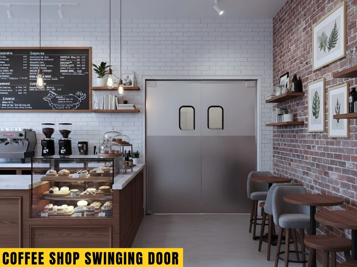 Coffee shop interior with white brick wall and retail swinging door behind counter