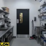 Commercial kitchen with black retail swinging door and organized storage shelves